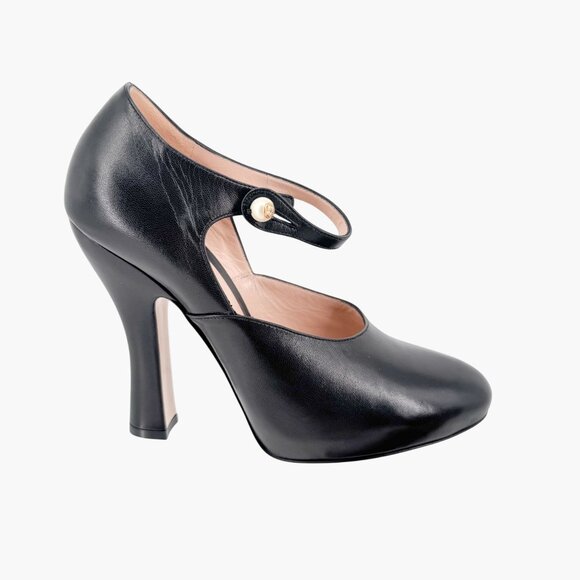 Gucci Lesley Mary Jane Pumps Size 37.5  US 7.5 Black Leather High Heel GG Pearl - Picture 10 of 15